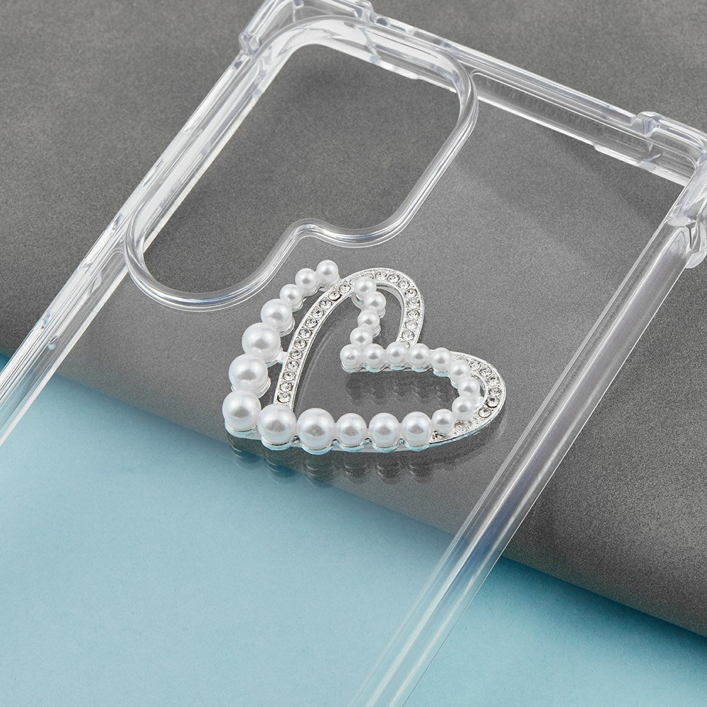 Heart-Shaped 3D Phone Sticker with Beads and Rhinestones - Silver / White