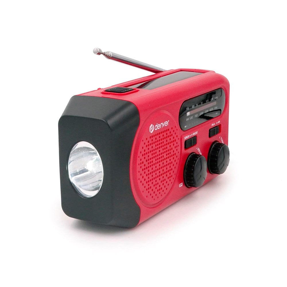 Denver Emergency Radio with Solar Charging - AM / FM Radio - Flashlight - Red