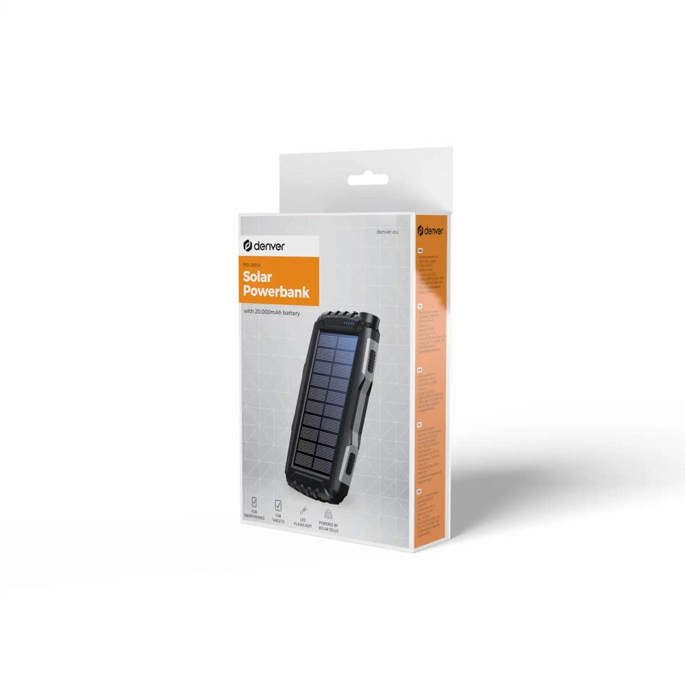 Denver PSO-20010 Solar 20.000mAh PowerBank with USB-A & USB-C - Black