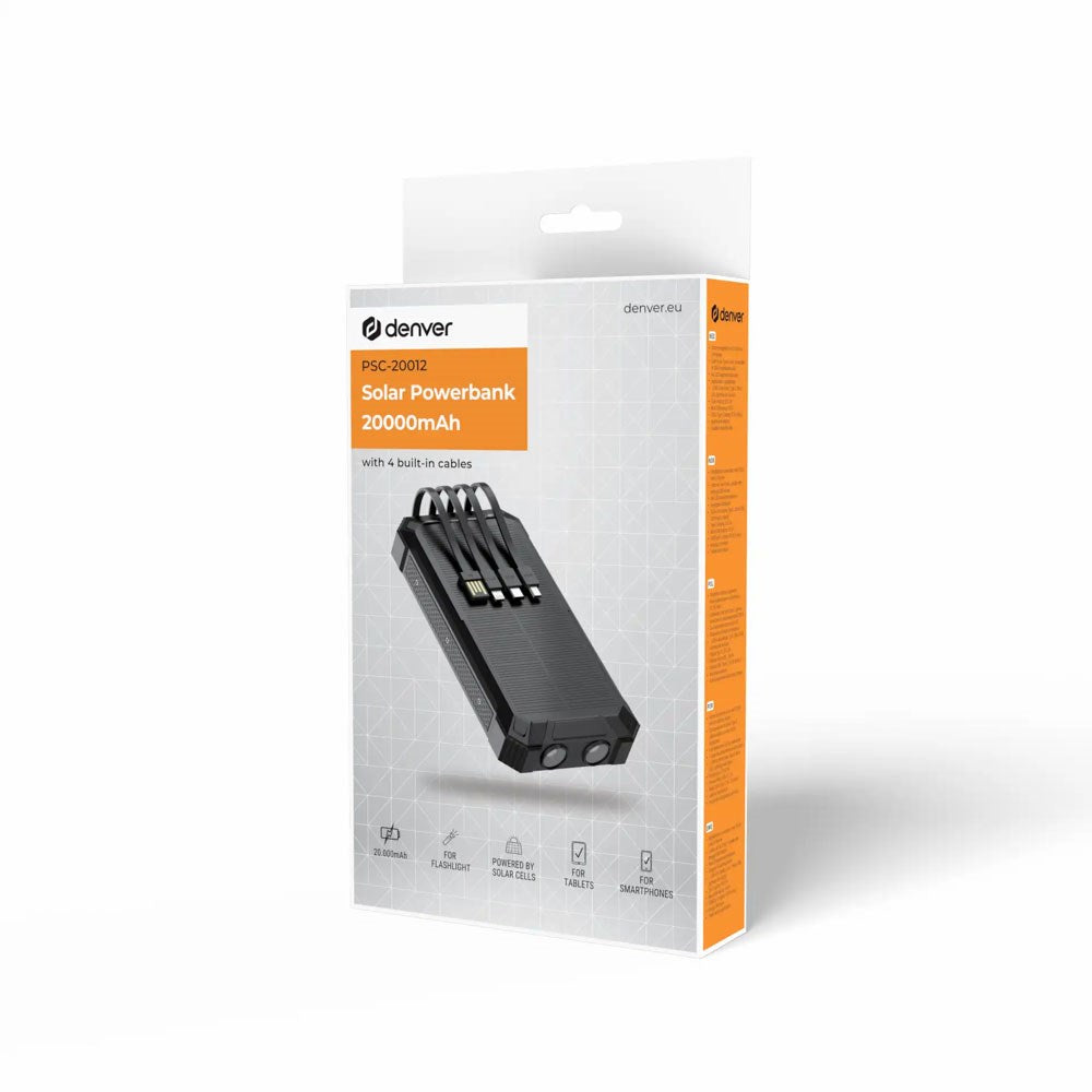 Denver PSC-20012 Solar PowerBank with Built-in Cable, Wireless Charging & Flashlight - 20.000mAh - Black