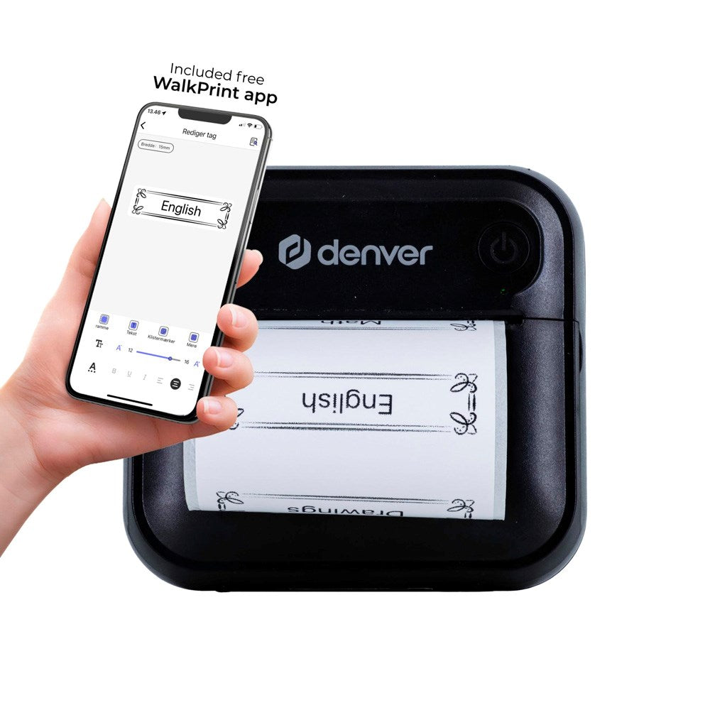 Denver MBP-32B Bluetooth Thermal Printer - incl. 1 x Roll of Printer Paper 1 x Roll of Sticker Paper - Black