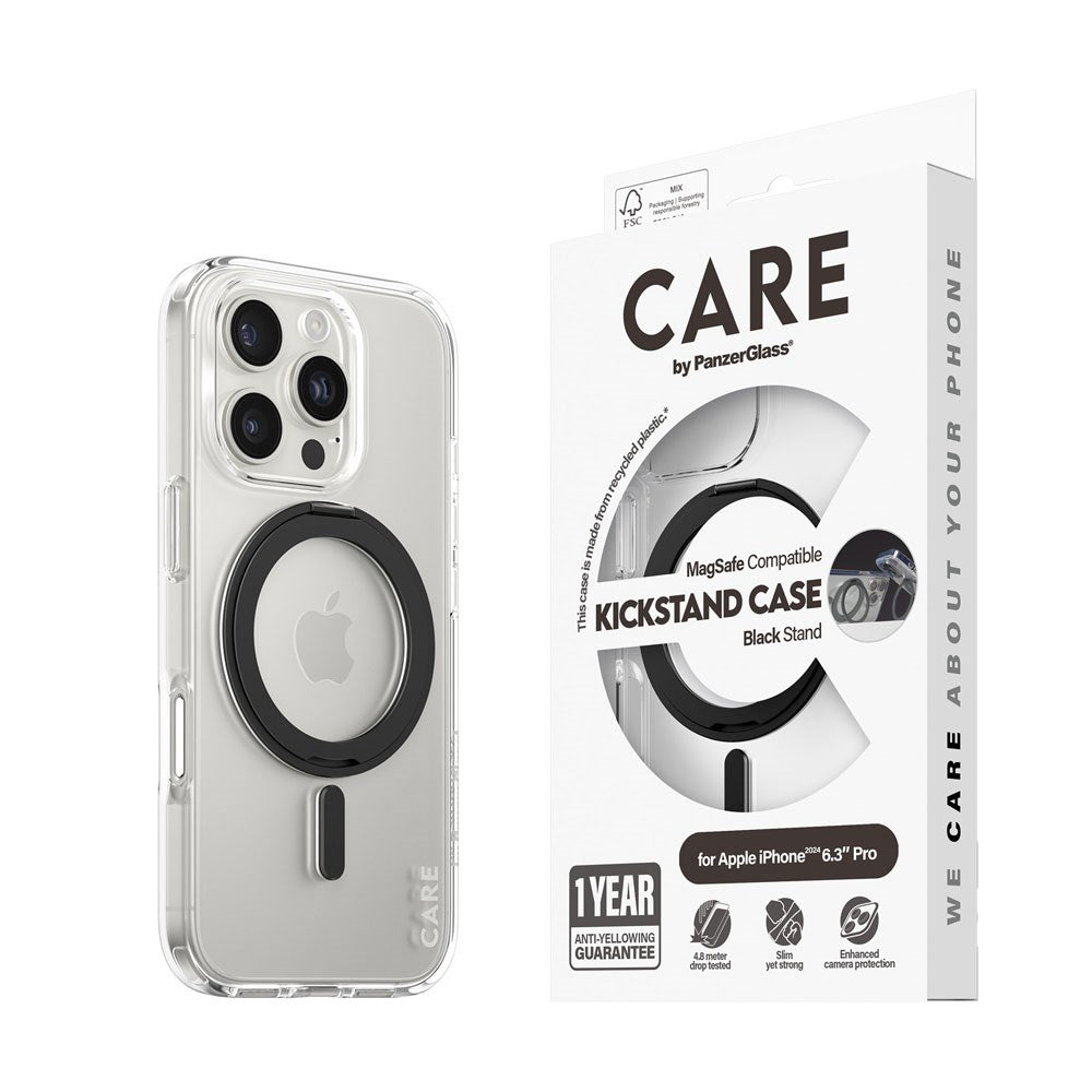 CARE by PanzerGlass iPhone 16 Pro Feature Kickstand Case - MagSafe Compatible - Transparent / Black