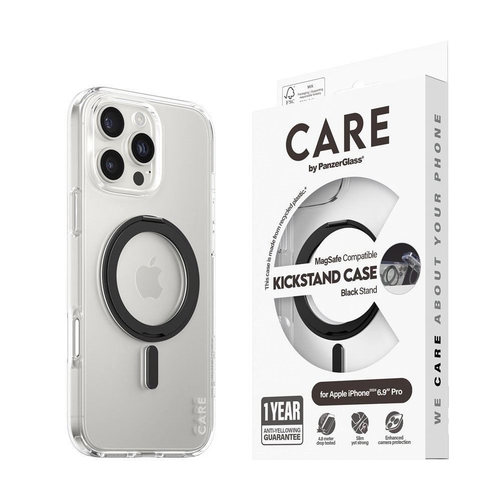 CARE by PanzerGlass iPhone 16 Pro Max Feature Kickstand Case - MagSafe Compatible - Transparent / Black
