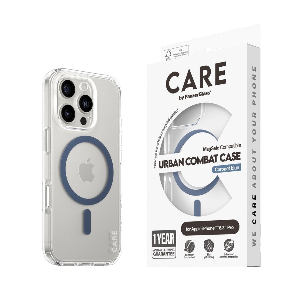 CARE by PanzerGlass iPhone 16 Pro FLAGSHIP Urban Combat Case - MagSafe Compatible - Transparent / Coronet Blue