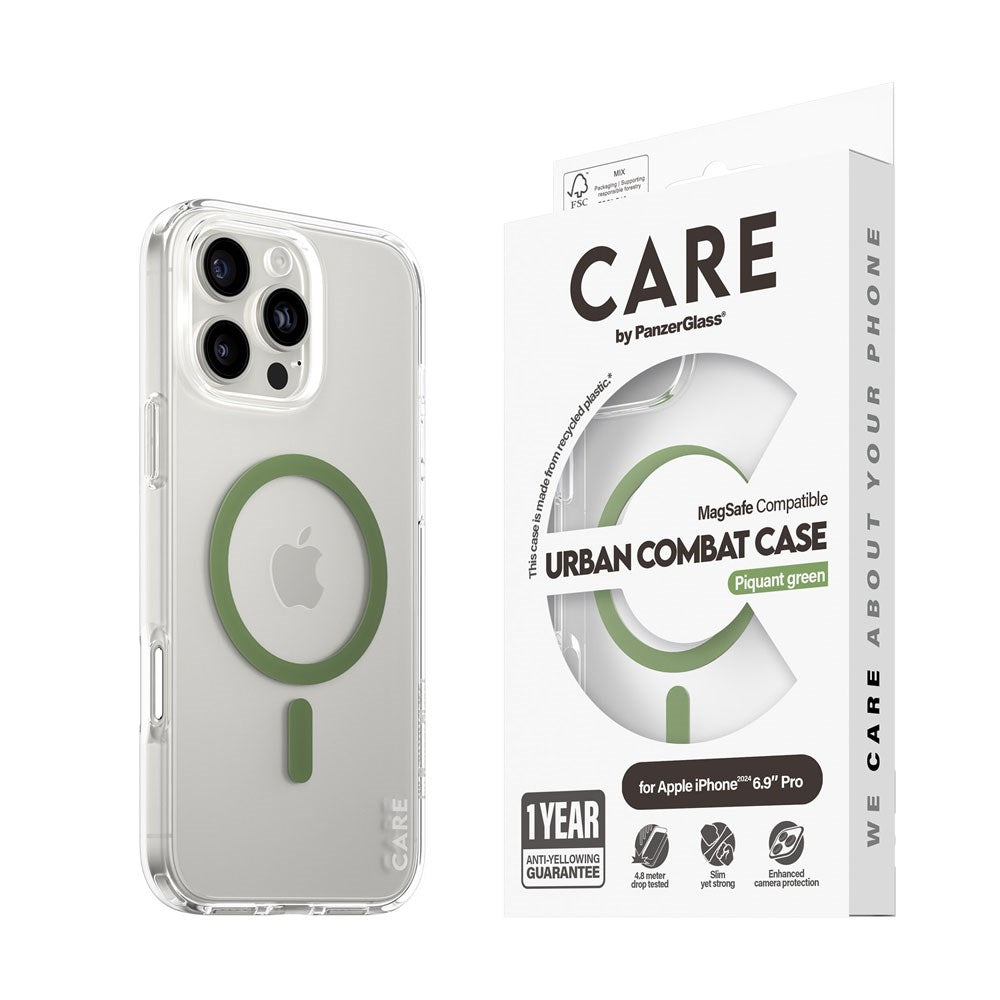 CARE by PanzerGlass iPhone 16 Pro Max FLAGSHIP Urban Combat Case - MagSafe Compatible - Transparent / Piquant Green