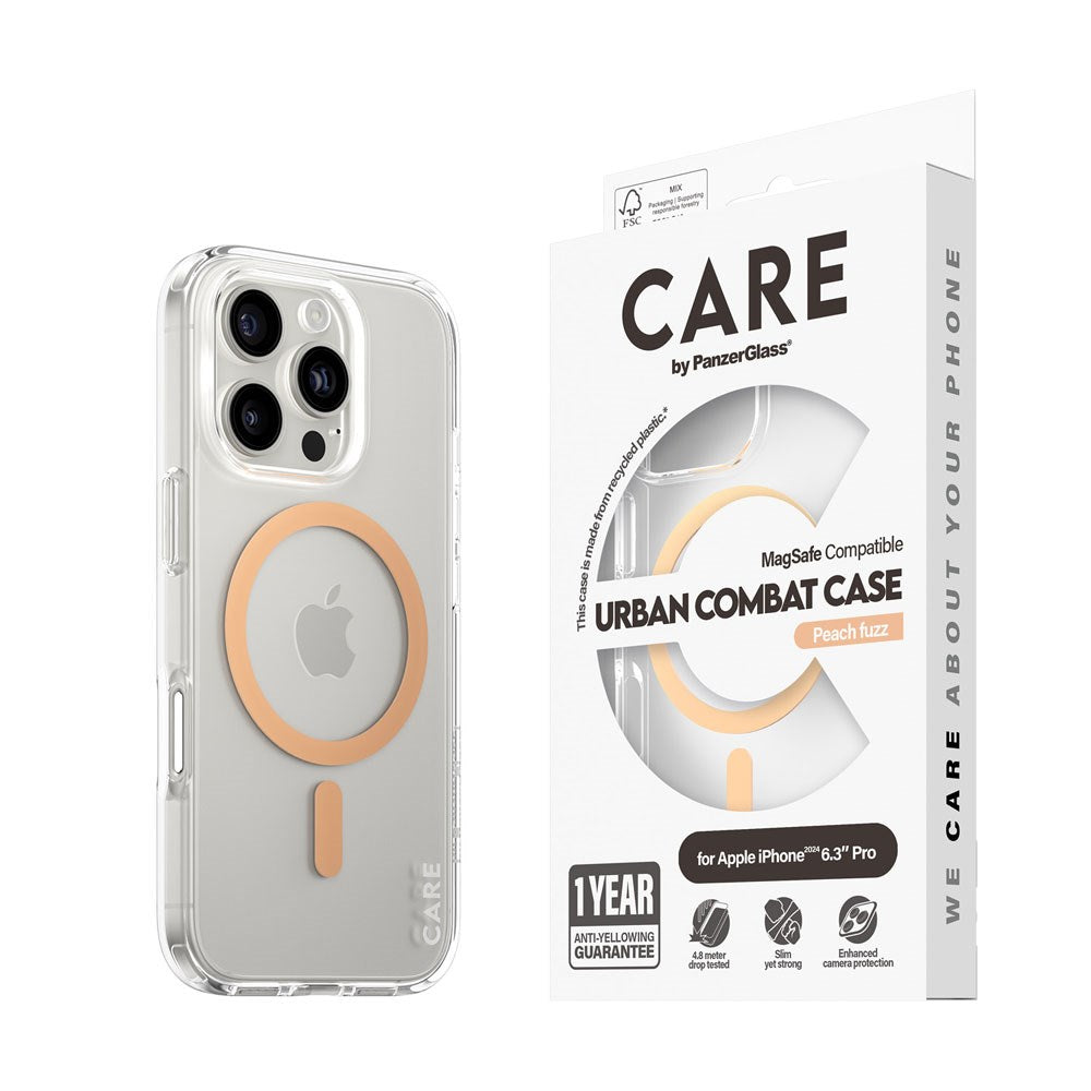 CARE by PanzerGlass iPhone 16 Pro FLAGSHIP Urban Combat Case - MagSafe Compatible - Transparent / Peach Fuzz