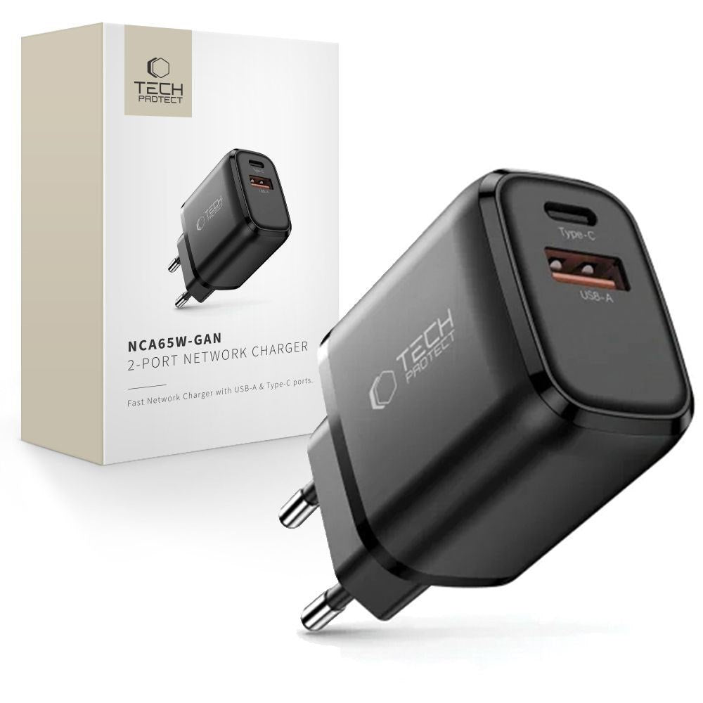 Tech-Protect 65W Wall Charger w. 1x USB-C & 1x USB-A - Black