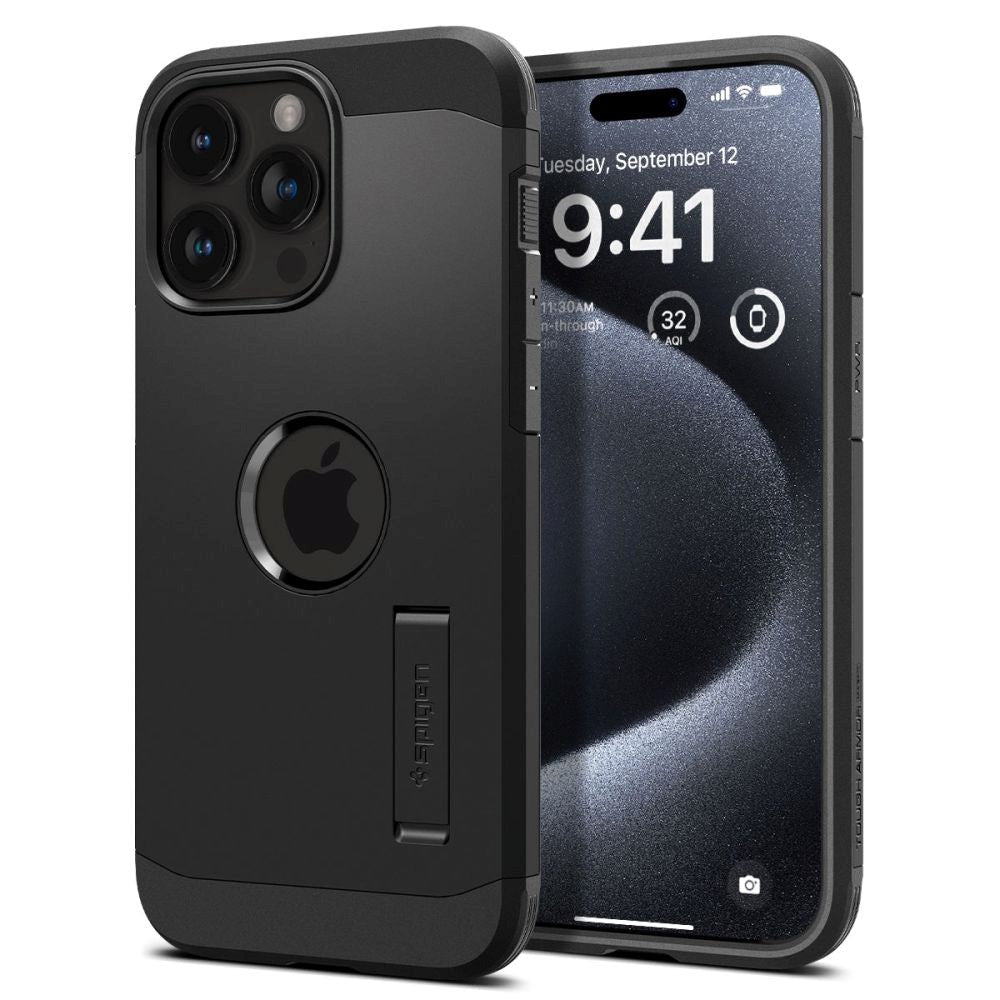iPhone 15 Pro Max Spigen Tough Armor Case w. Kickstand - MagSafe Compatible - Black