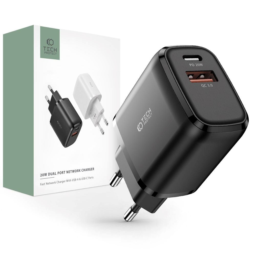 Tech-Protect 20W Wall Charger w. 1 x USB-C & 1 x USB-A - Black