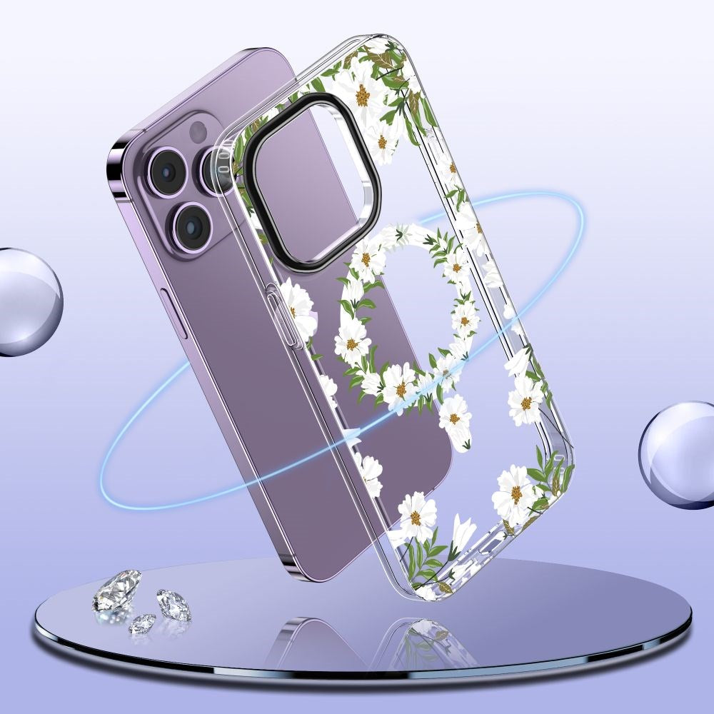 iPhone 15 Tech-Protect MagMood Case - MagSafe Compatible - White Daisy