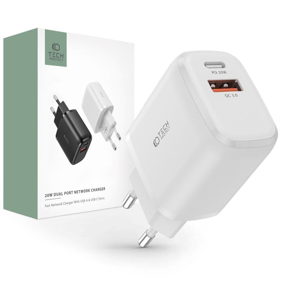 Tech-Protect 20W Wall Charger w. 1 x USB-C & 1 x USB-A - White