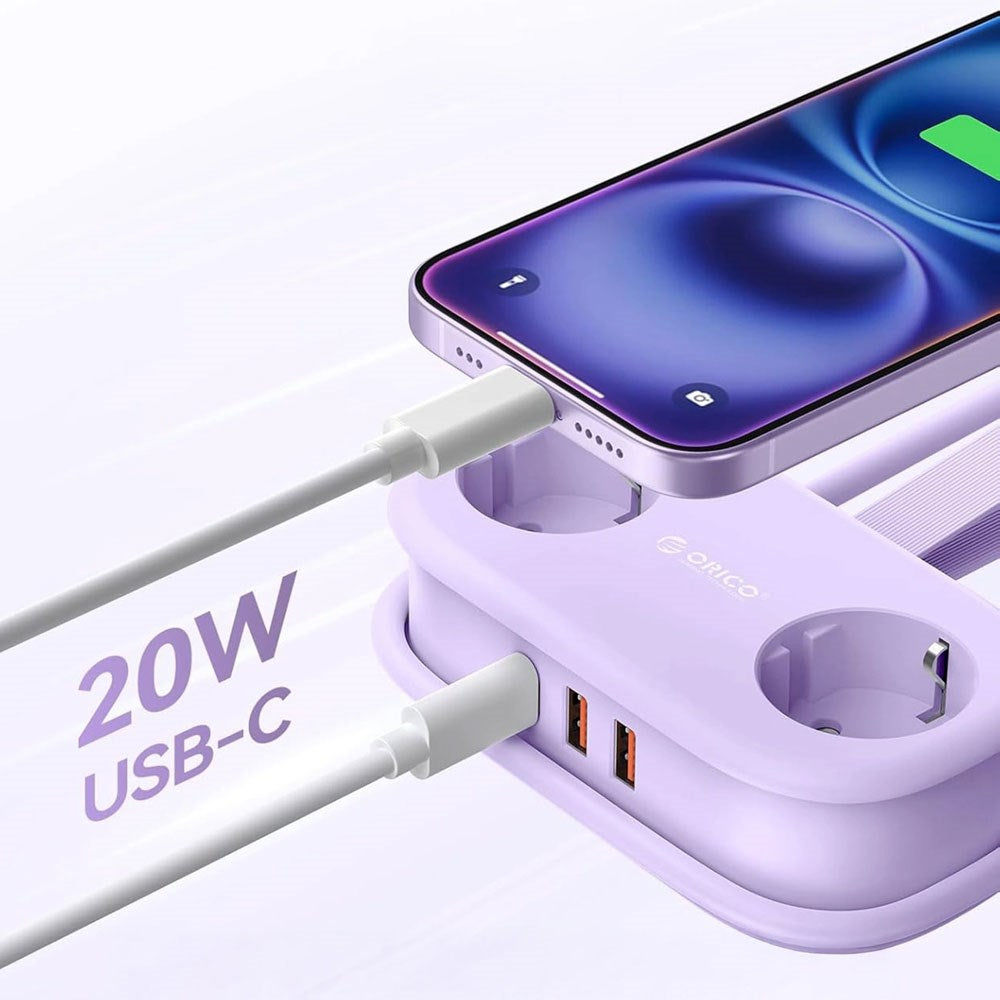 ORICO 20W 5-in-1 Power Strip with 2 x Schuko 2 x USB-A 1 x USB-C - Purple