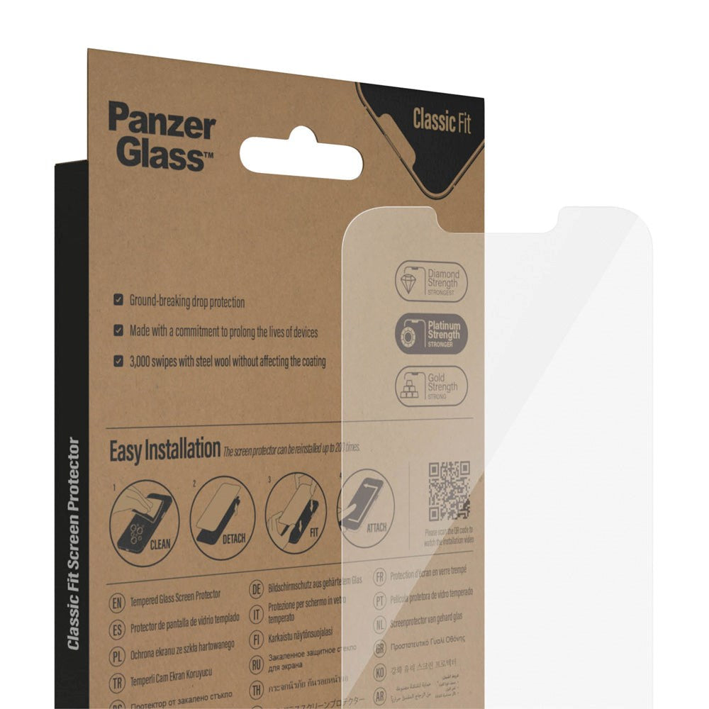 iPhone 16e / 14 / 13 / 13 Pro PanzerGlass AntiBacterial Classic Fit Screen Protector - Platinum Strength - Transparent
