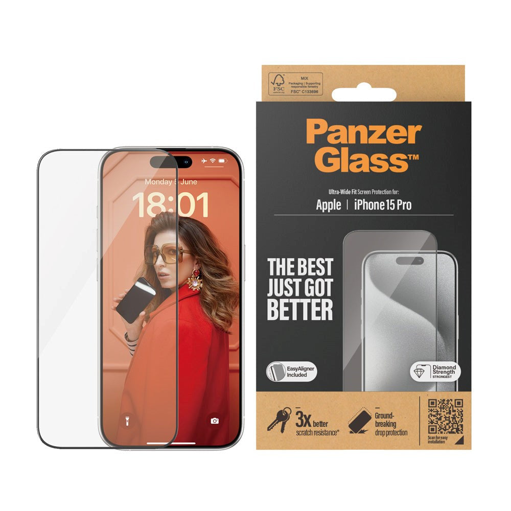 iPhone 15 Pro PanzerGlass Ultra Wide Fit Screen Protector w. EasyAligner - Diamond Strength - Transparent