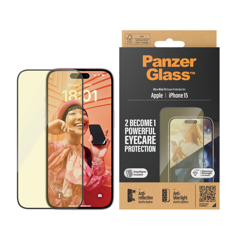 iPhone 15 / 16 PanzerGlass Ultra Wide Fit Screen Protector w. EasyAligner - Anti-Reflective - Anti-Blue Light - Diamond Strength - Transparent / Black Edge