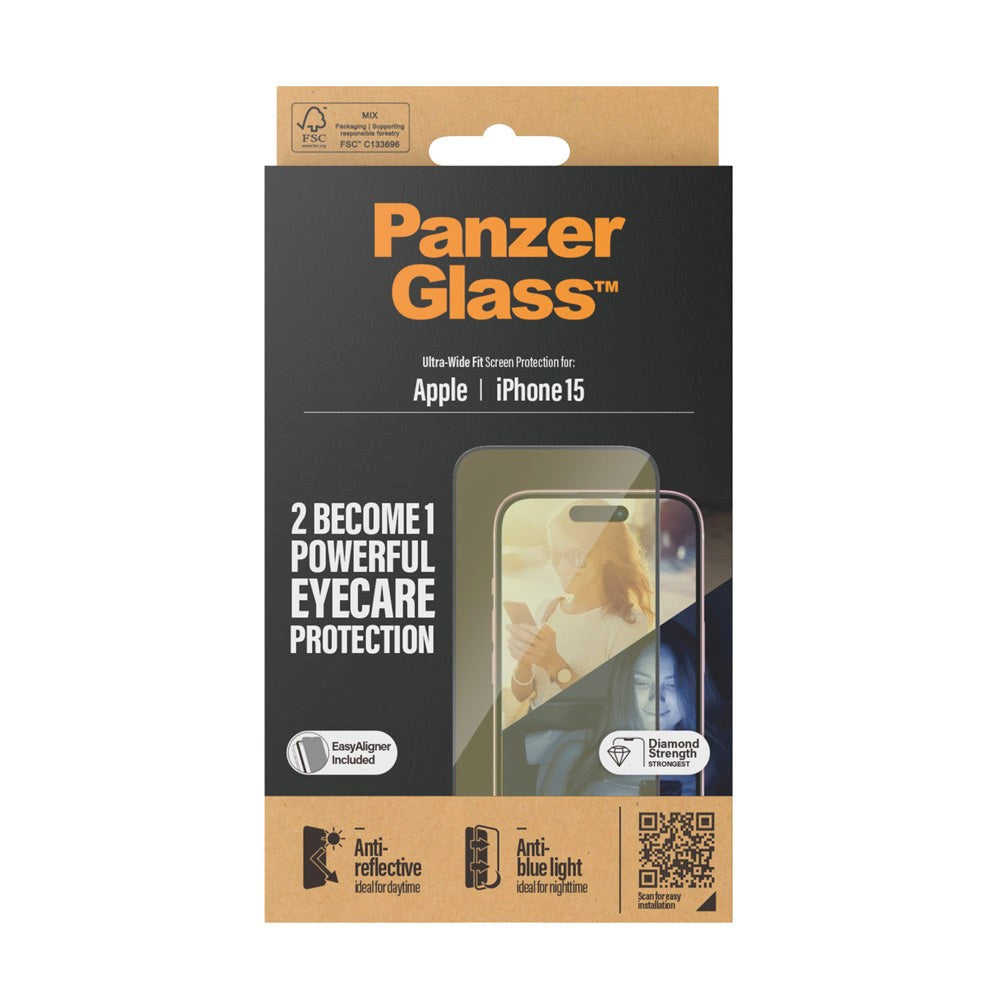 iPhone 15 / 16 PanzerGlass Ultra Wide Fit Screen Protector w. EasyAligner - Anti-Reflective - Anti-Blue Light - Diamond Strength - Transparent / Black Edge