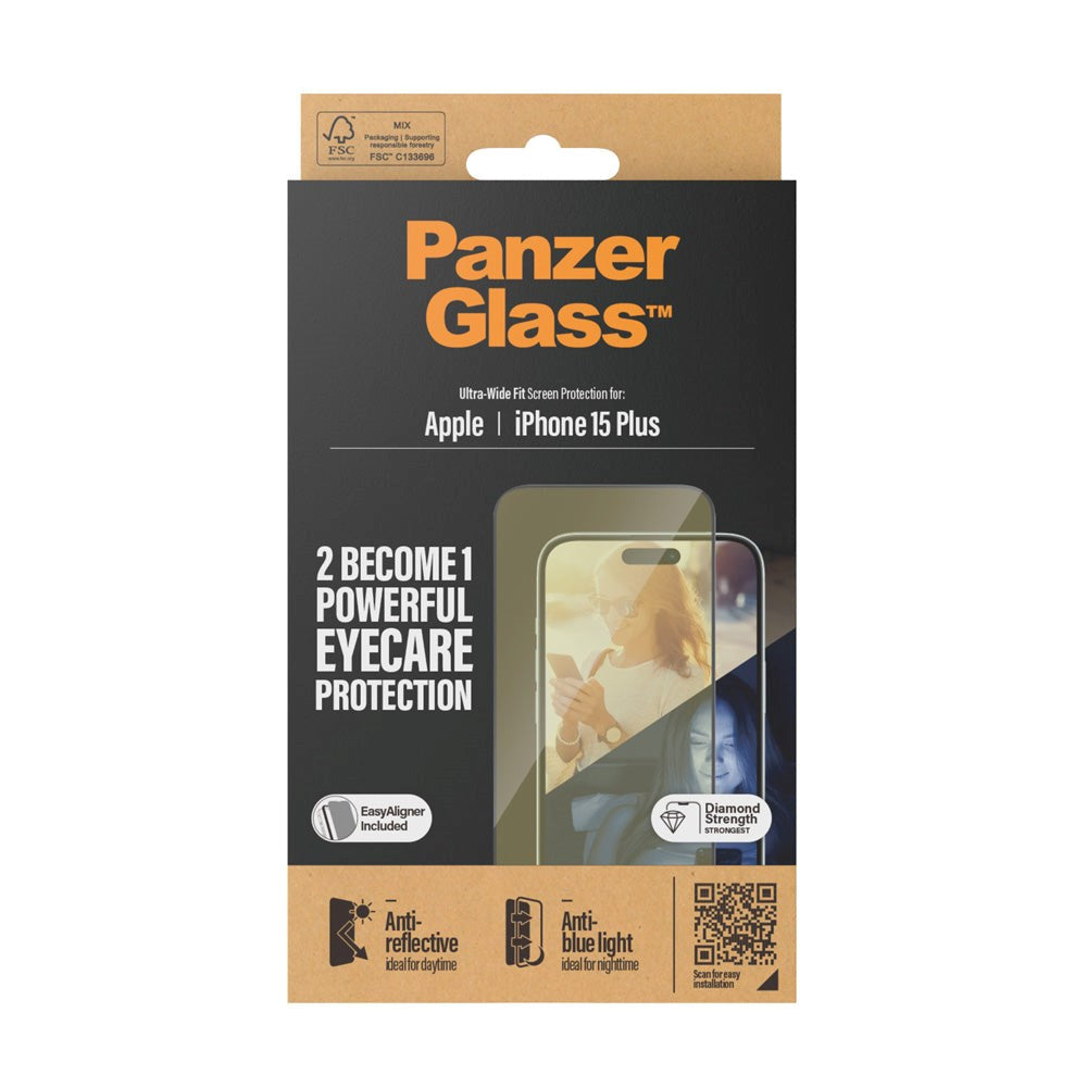 iPhone 15 Plus / 16 Plus PanzerGlass Ultra Wide Fit Screen Protector w. EasyAligner - Anti-Reflective - Anti-Blue Light - Diamond Strength - Transparent / Black Edge