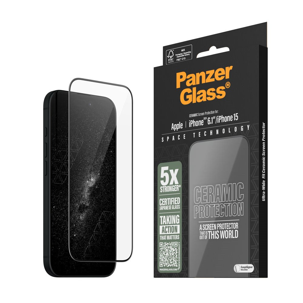 iPhone 15 / 16 PanzerGlass Ultra Wide Fit Ceramic Screen Protector w. EasyAligner - Black Edge