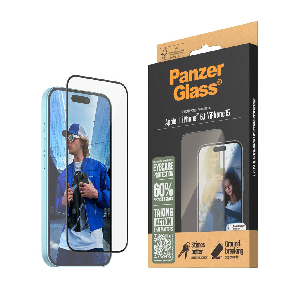 iPhone 15 / 16 PanzerGlass Ultra Wide Fit Screen Protector w. EasyAligner - EyeCare - Diamond Strength - Transparent / Black Edge