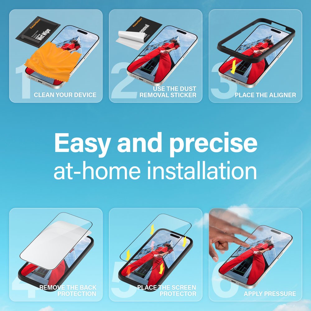 iPhone 15 / 16 PanzerGlass Ultra Wide Fit Screen Protector w. EasyAligner - EyeCare - Diamond Strength - Transparent / Black Edge