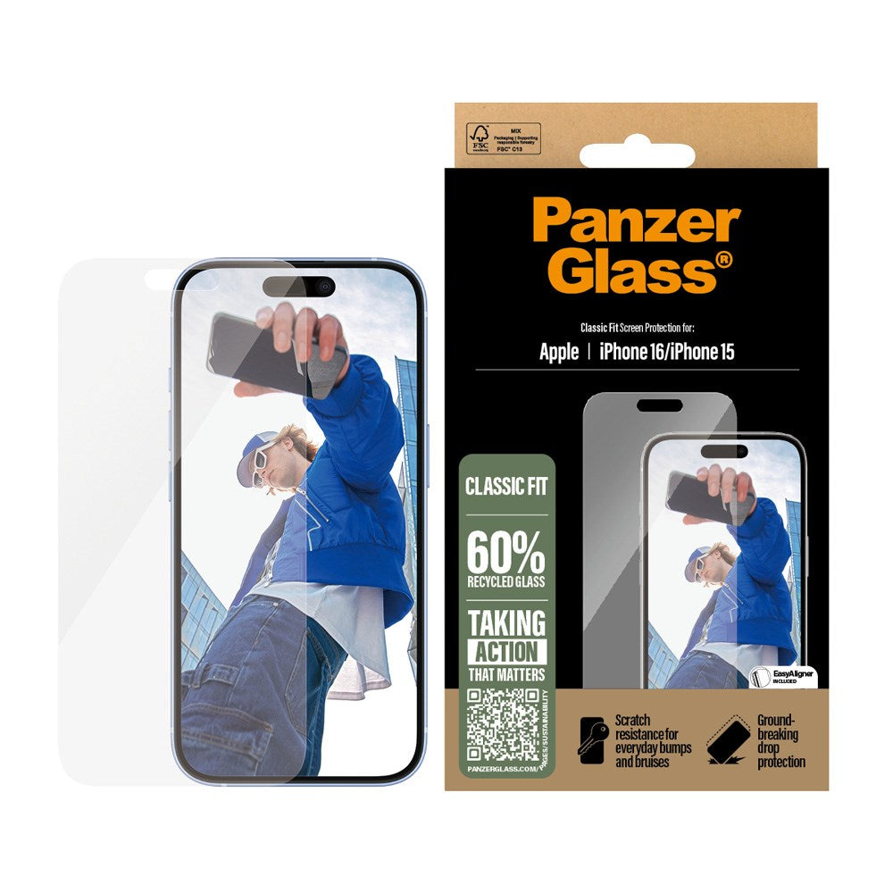 iPhone 15 / 16 PanzerGlass Classic Fit Screen Protector w. EasyAligner - Platinum Strength - Transparent
