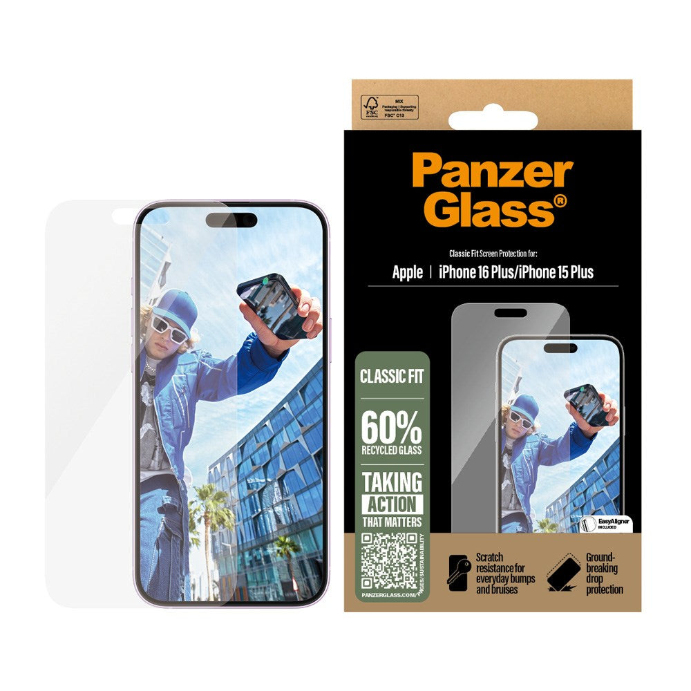iPhone 15 Plus / 16 Plus PanzerGlass Classic Fit Screen Protector w. EasyAligner - Platinum Strength - Transparent