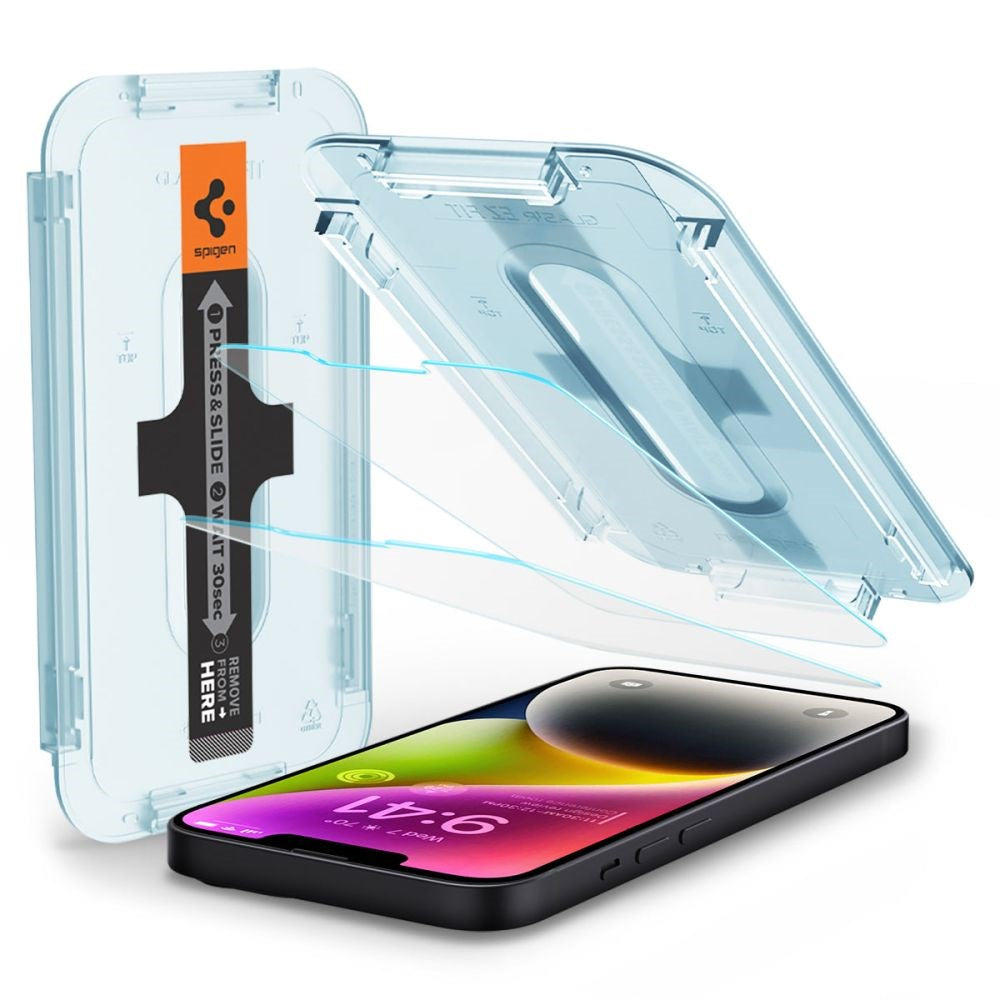 iPhone 16e / 14 / 13 / 13 Pro Spigen EZ Fit Glas.tR Screen Protection 2. Pcs - Case Friendly - Transparent