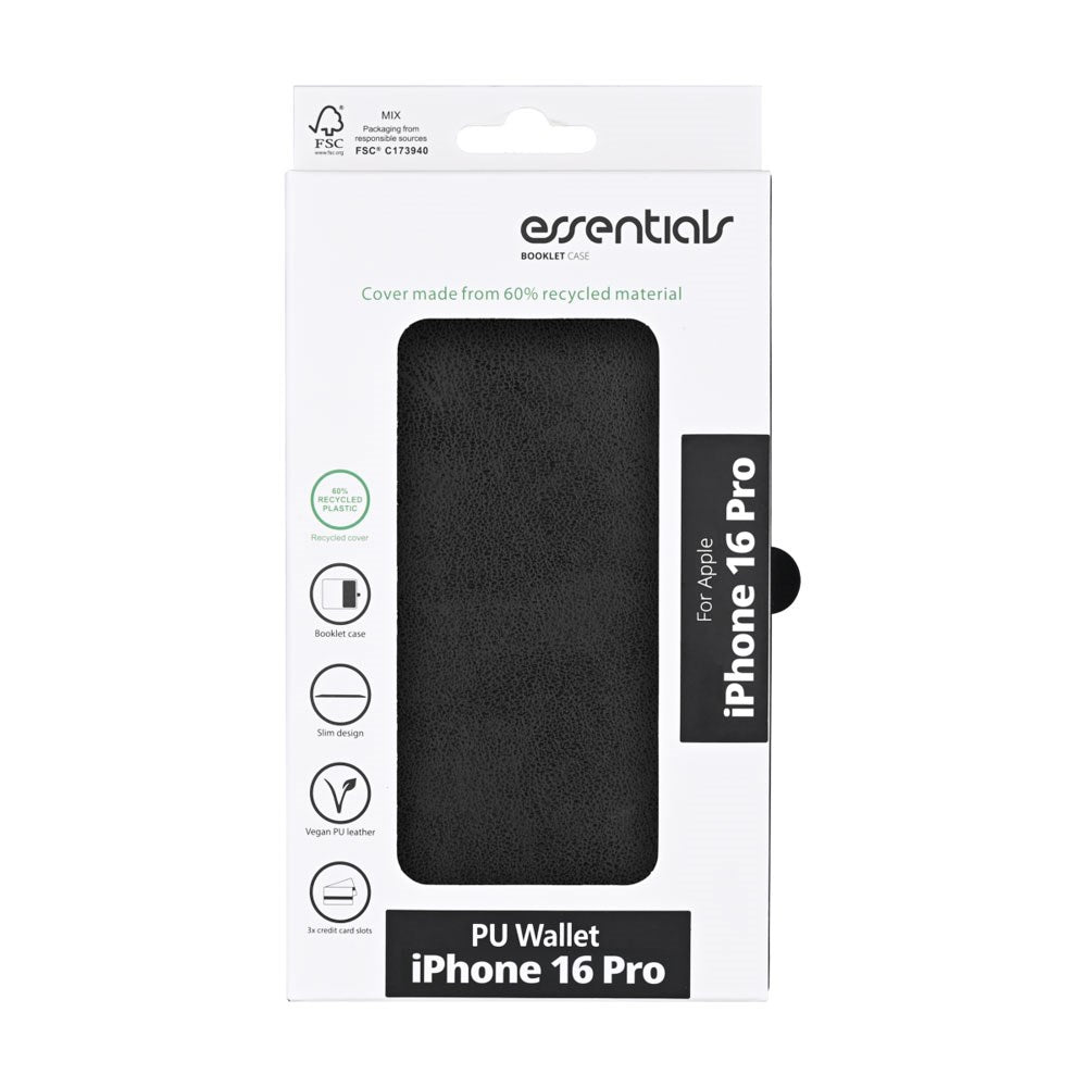 iPhone 16 Pro Essentials Faux Leather Flip Case with Card Holder & Stand Function - Black