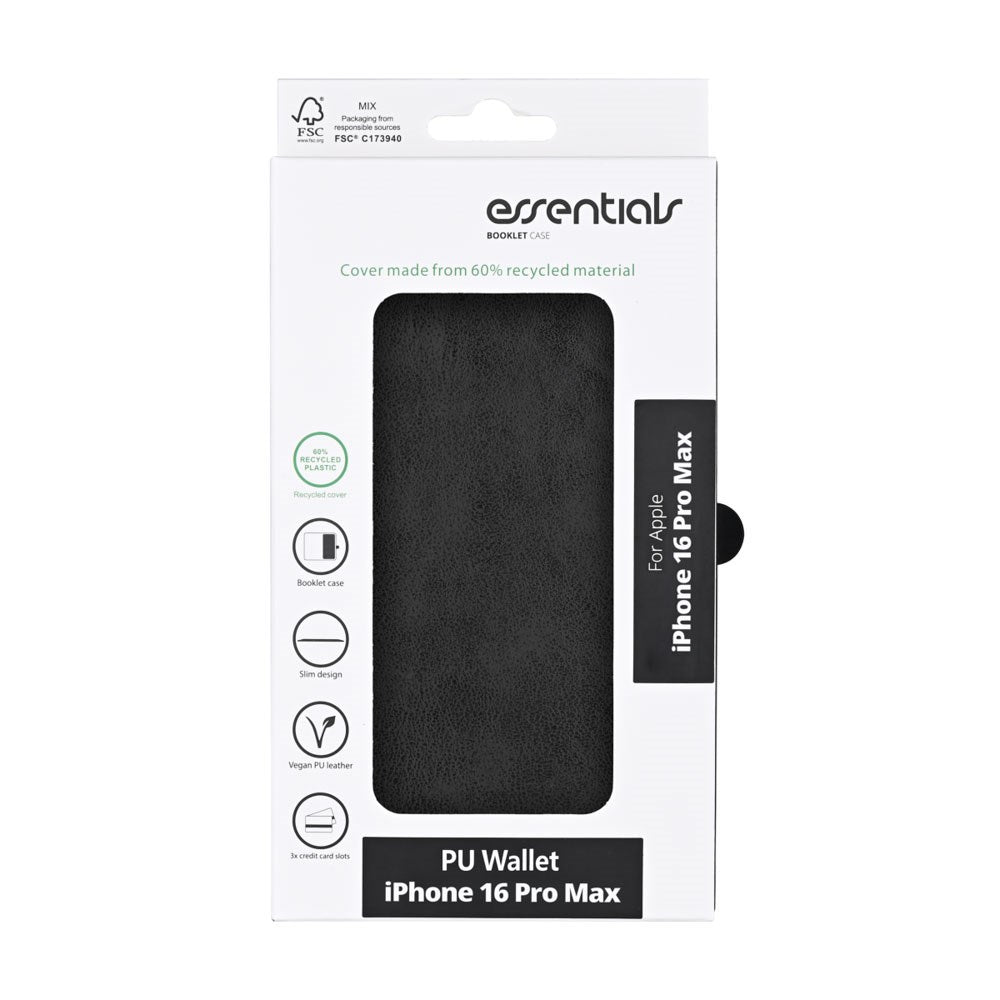 iPhone 16 Pro Max Essentials Faux Leather Flip Case with Card Holder & Stand Function - Black