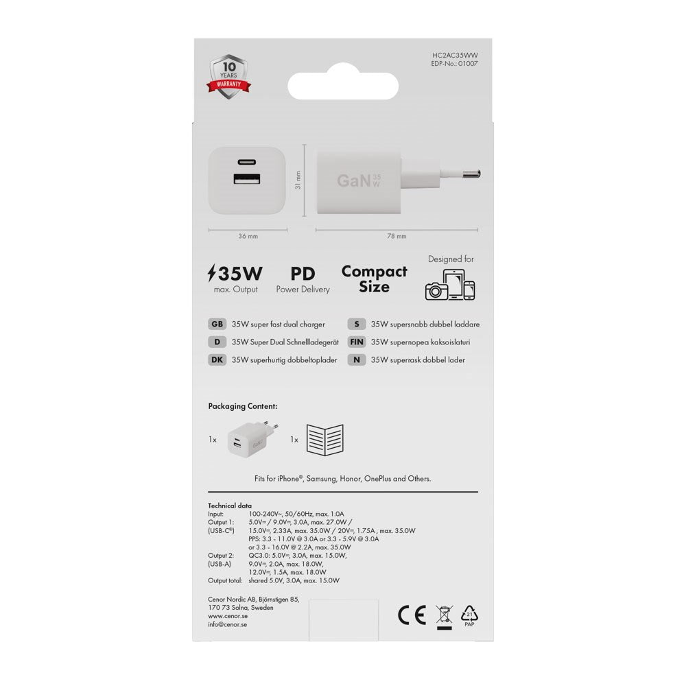 X2O 35W Wall Charger with 1x USB-A & 1x USB-C - White