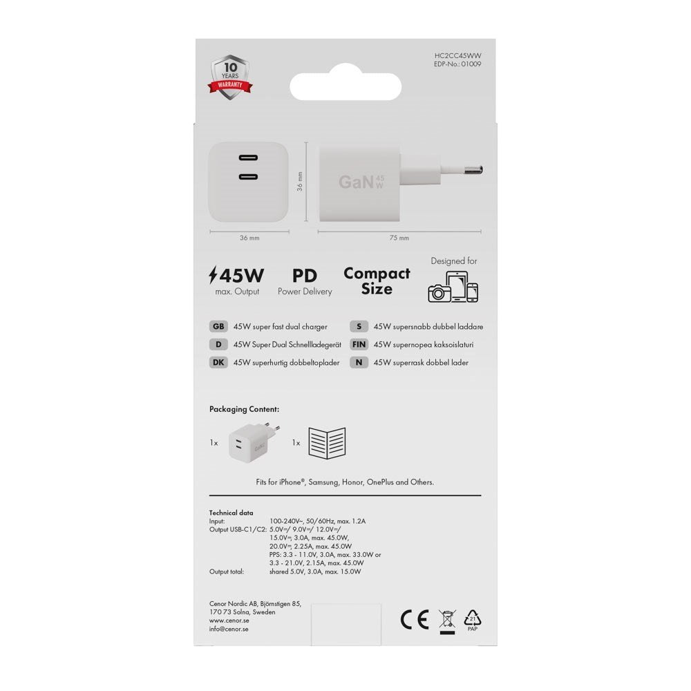 X2O 45W GaN Wall Charger with 2x USB-C - White