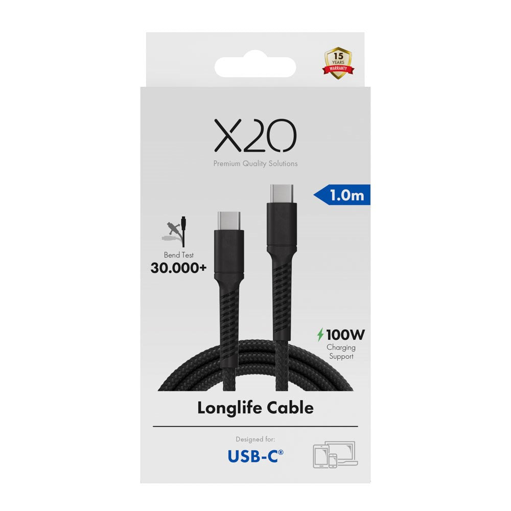 X2O Longlife 100W USB-C to USB-C Cable - 1m - Black