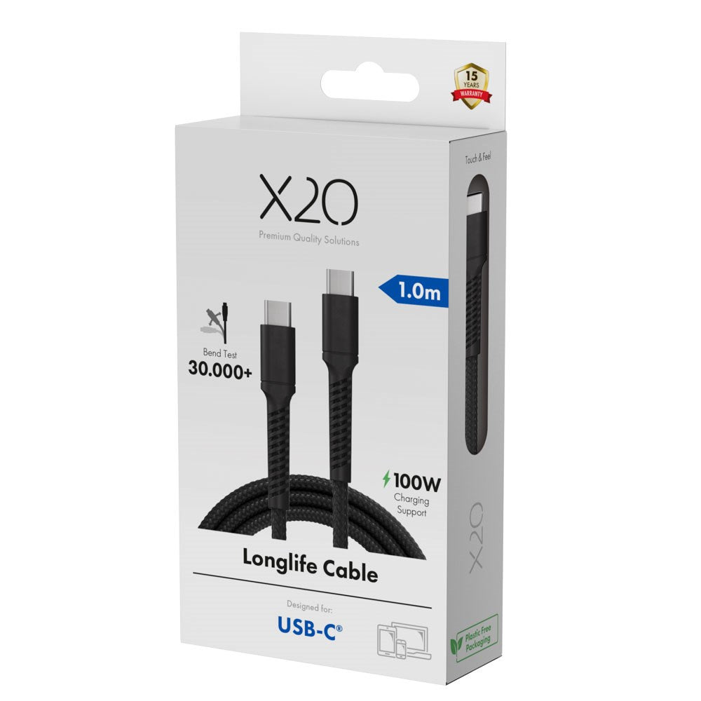 X2O Longlife 100W USB-C to USB-C Cable - 1m - Black
