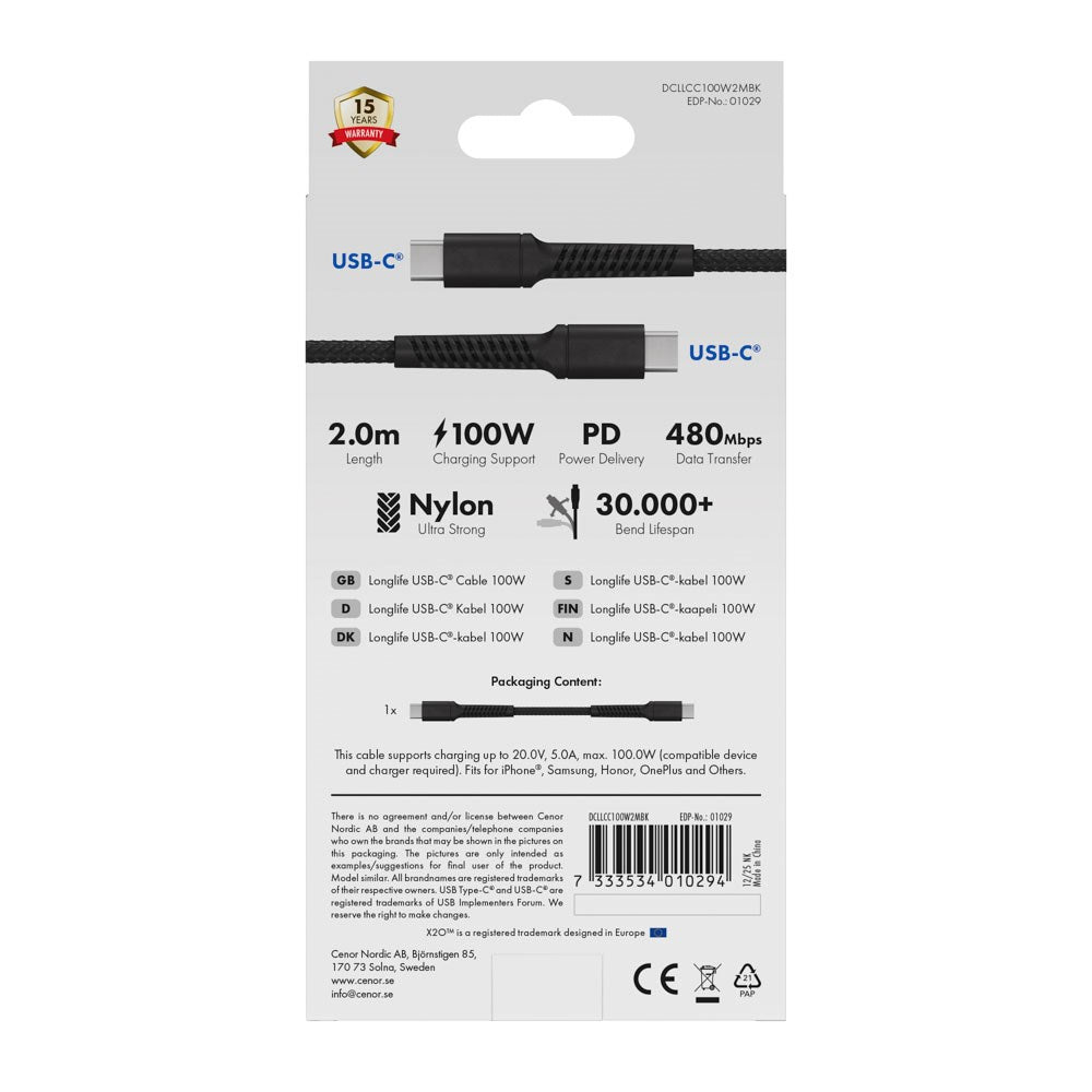 X2O Longlife 100W USB-C to USB-C Cable - 2m - Black