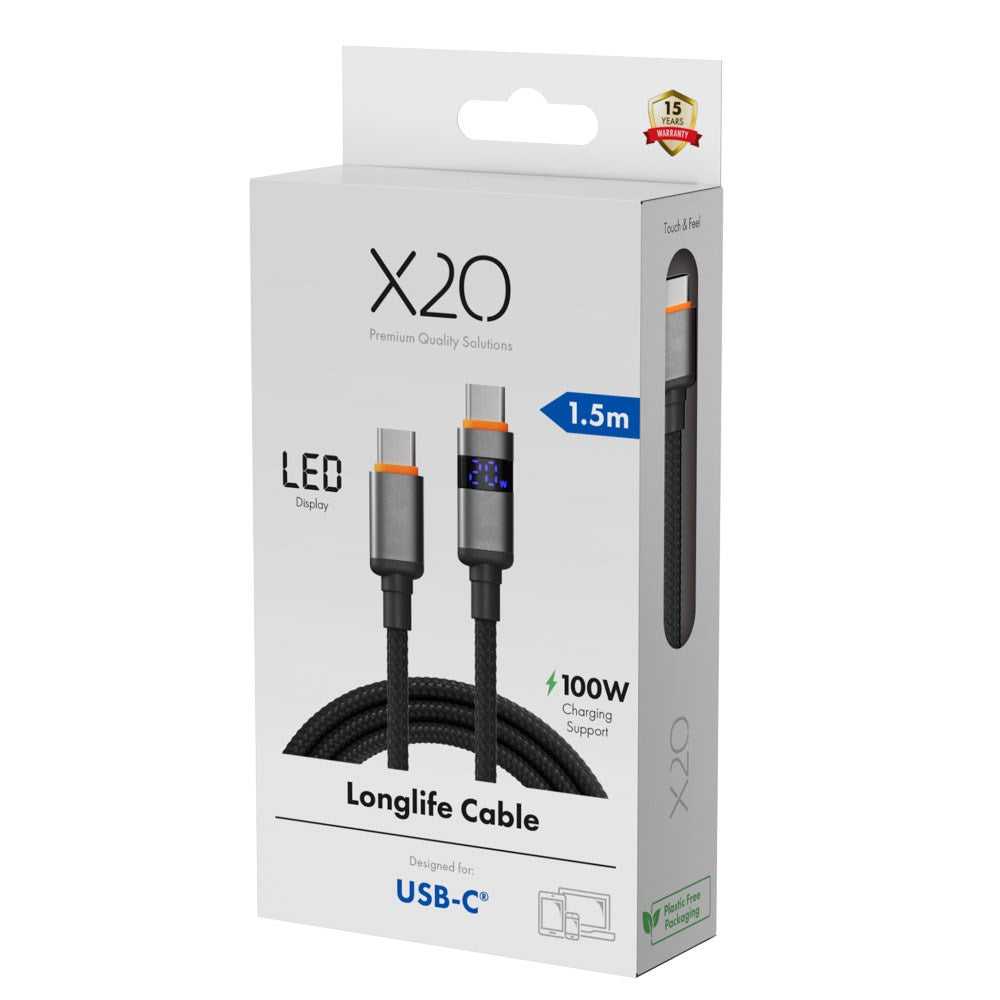 X2O Longlife 100W USB-C to USB-C Cable with LED Display - 1.5m - Black