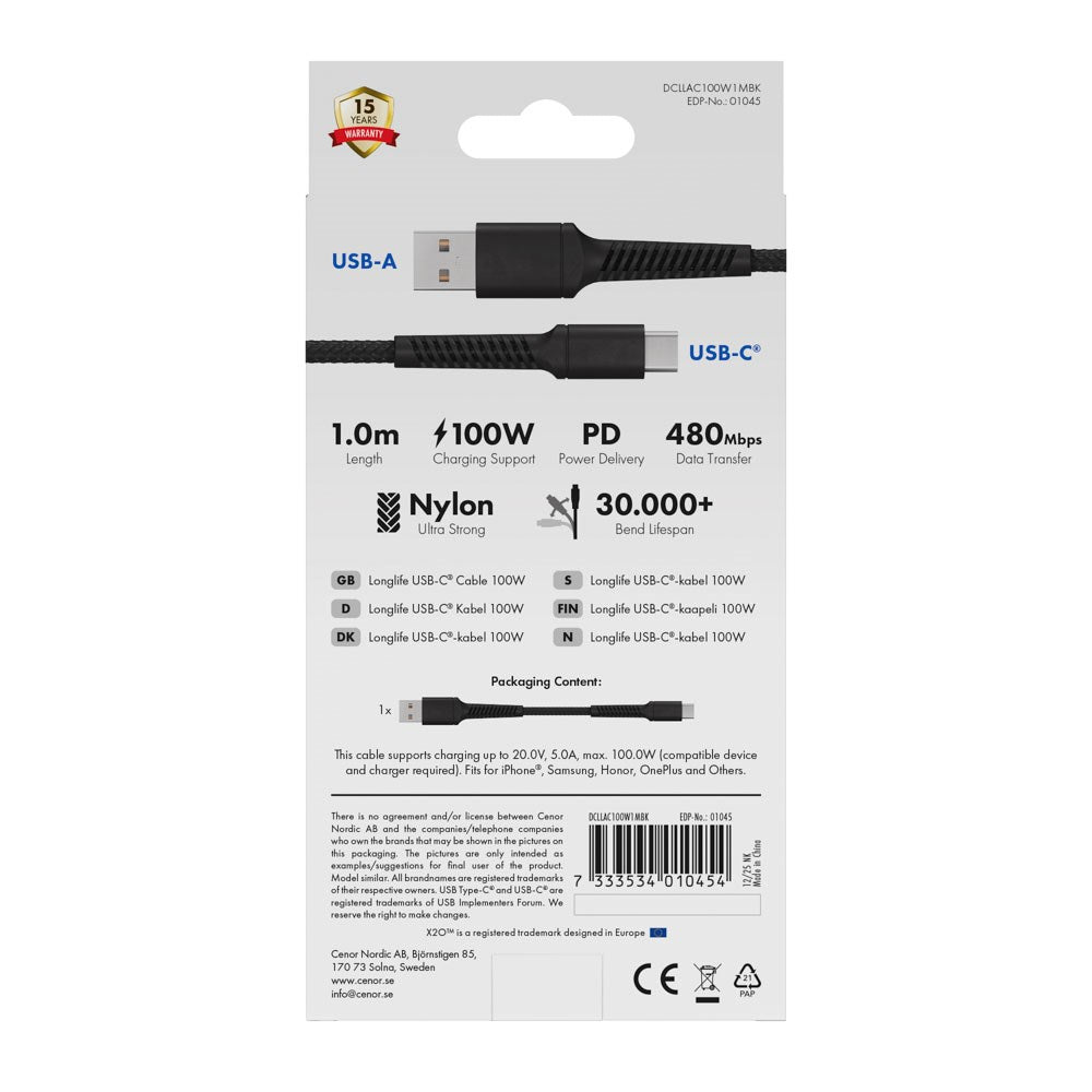 X2O Longlife 60W USB-A to USB-C Cable - 1m - Black