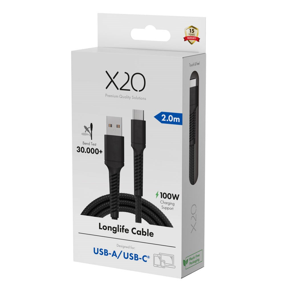 X2O Longlife 60W USB-A to USB-C Cable - 2m - Black