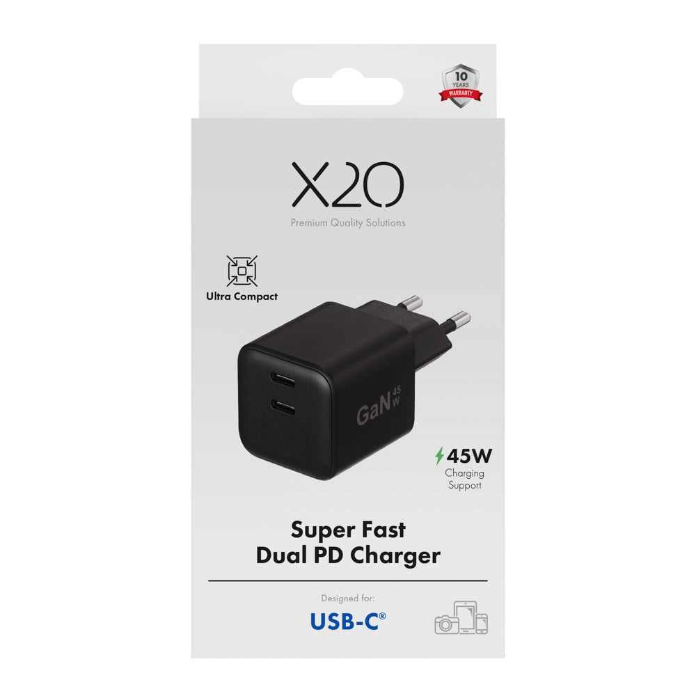 X2O 45W GaN Wall Charger with 2x USB-C - Black