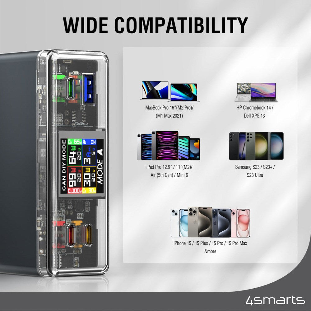 4smarts Lucid GaN DIY Mode Desktop Charger - 210W / 3x USB-C & 1x USB-A - Grey