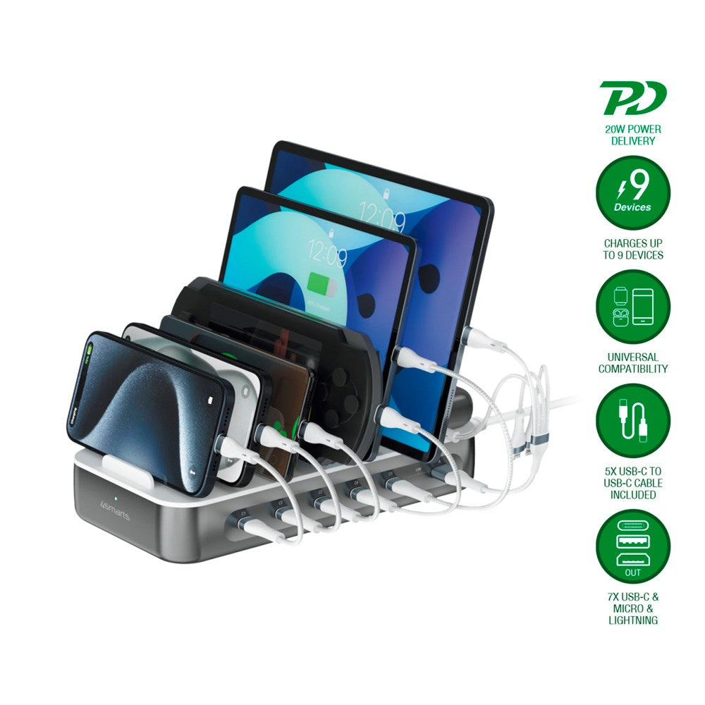 4smarts Charging Station with 9 Charging Options - 5x USB-C Cable & 1x 4-in-2 Multi Cable - 100W - Grey / White