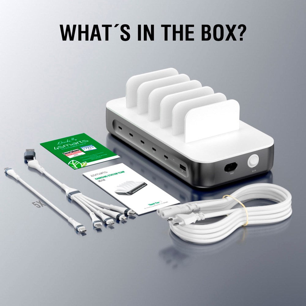 4smarts Charging Station with 9 Charging Options - 5x USB-C Cable & 1x 4-in-2 Multi Cable - 100W - Grey / White