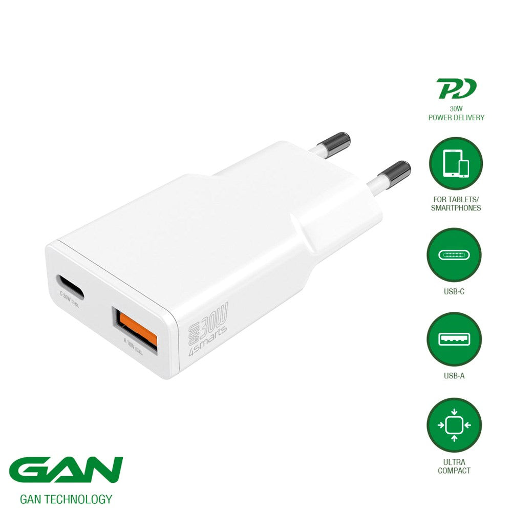 4smarts 2-in-1 Wall Charger - 18W USB-A / 30W USB-C - White