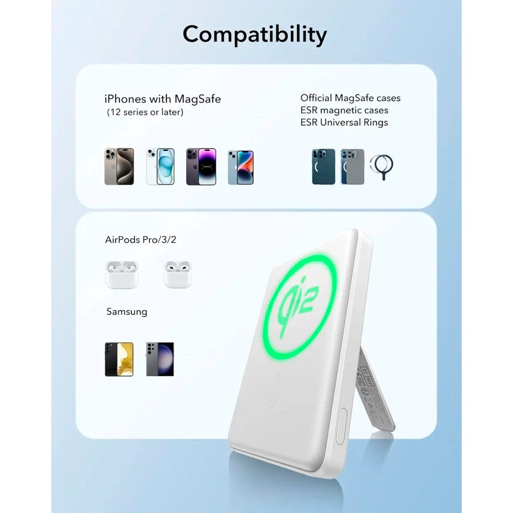 ESR Qi2 MagSlim PowerBank with Kickstand - 15W / 5000 mAh - MagSafe Compatible - White