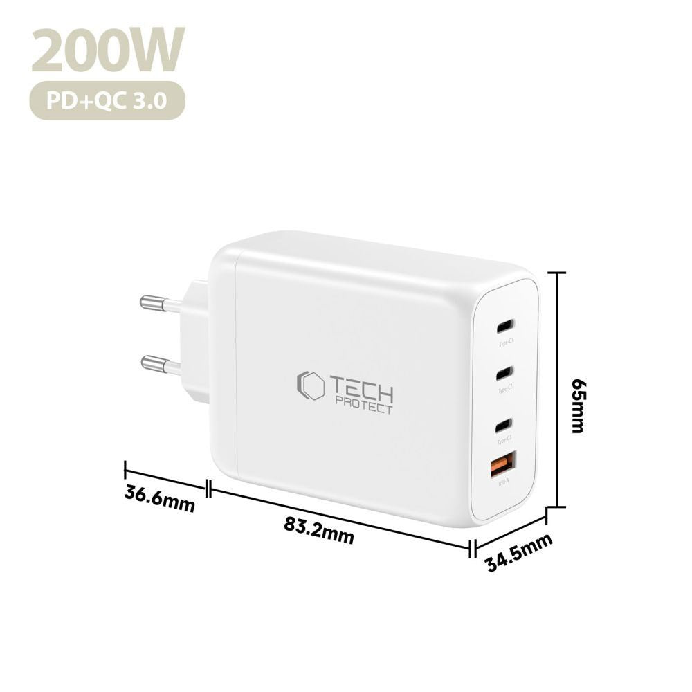 Tech-Protect 200W Wall Charger w. 3x USB-C & 1x USB-A - White