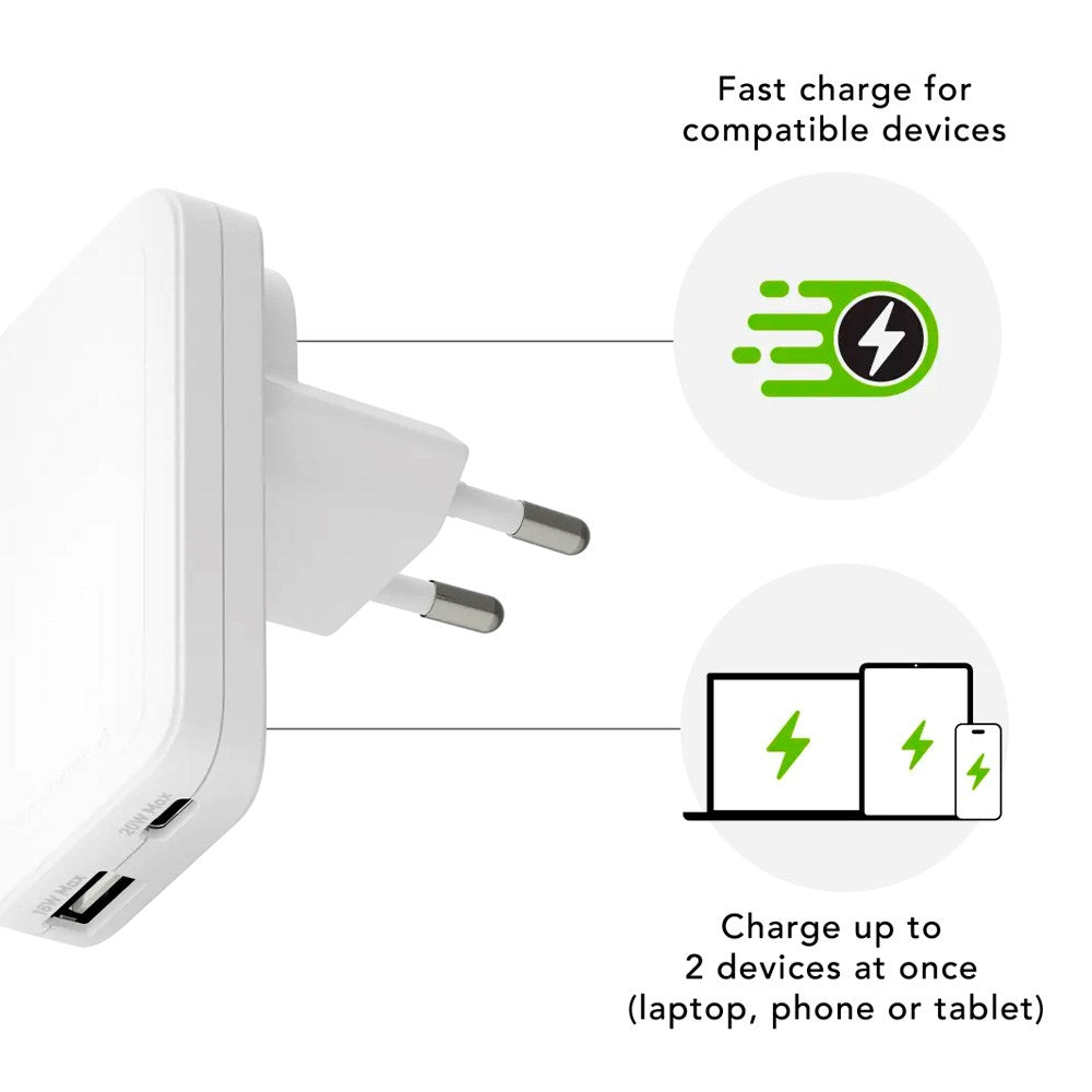 dbramante1928 Slim Wall Charger with 1x USB-C 20W & 1x USB-A 18W - White