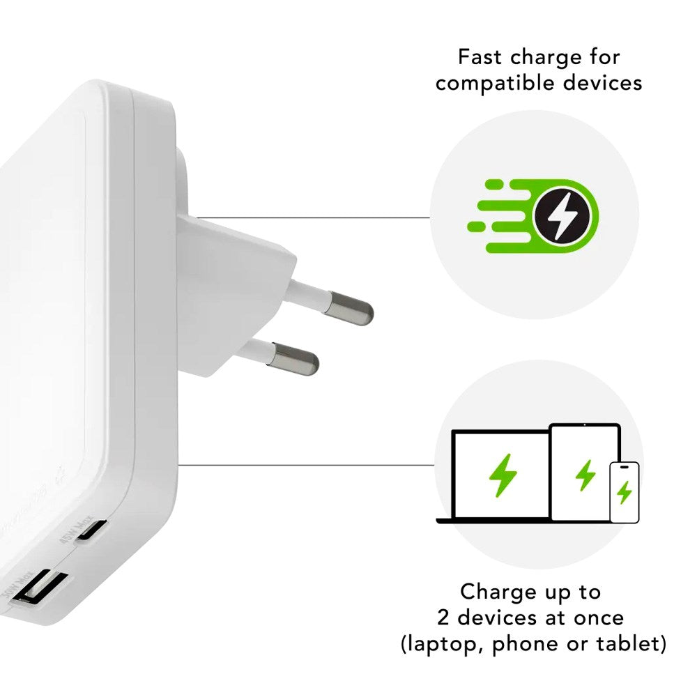 dbramante1928 Slim Wall Charger with 1x USB-C 45W & 1x USB-A 30W - White