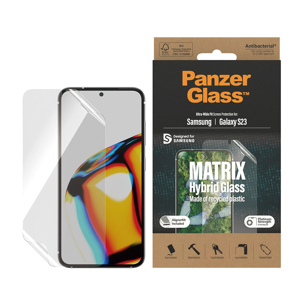 Samsung Galaxy S23 PanzerGlass Matrix Hybrid Glass AntiBacterial Ultra Wide Fit Screen Protector - AlignerKit - Platinum Strength - Transparent