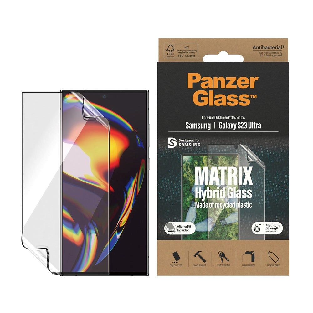Samsung Galaxy S23 Ultra PanzerGlass Matrix Hybrid Glass AntiBacterial Ultra Wide Fit Screen Protector - AlignerKit - Platinum Strength - Transparent