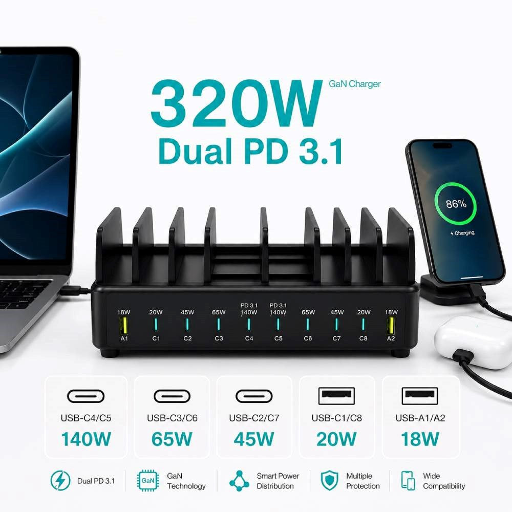 Xceed 320W Multi Charger with 8x USB-C & 2x USB-A - Black