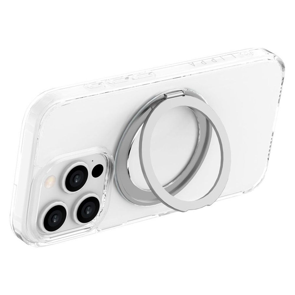 iPhone 16 Pro Lippa Hybrid Plastic Case with 360 Rotating Kickstand - MagSafe Compatible - Transparent / Silver